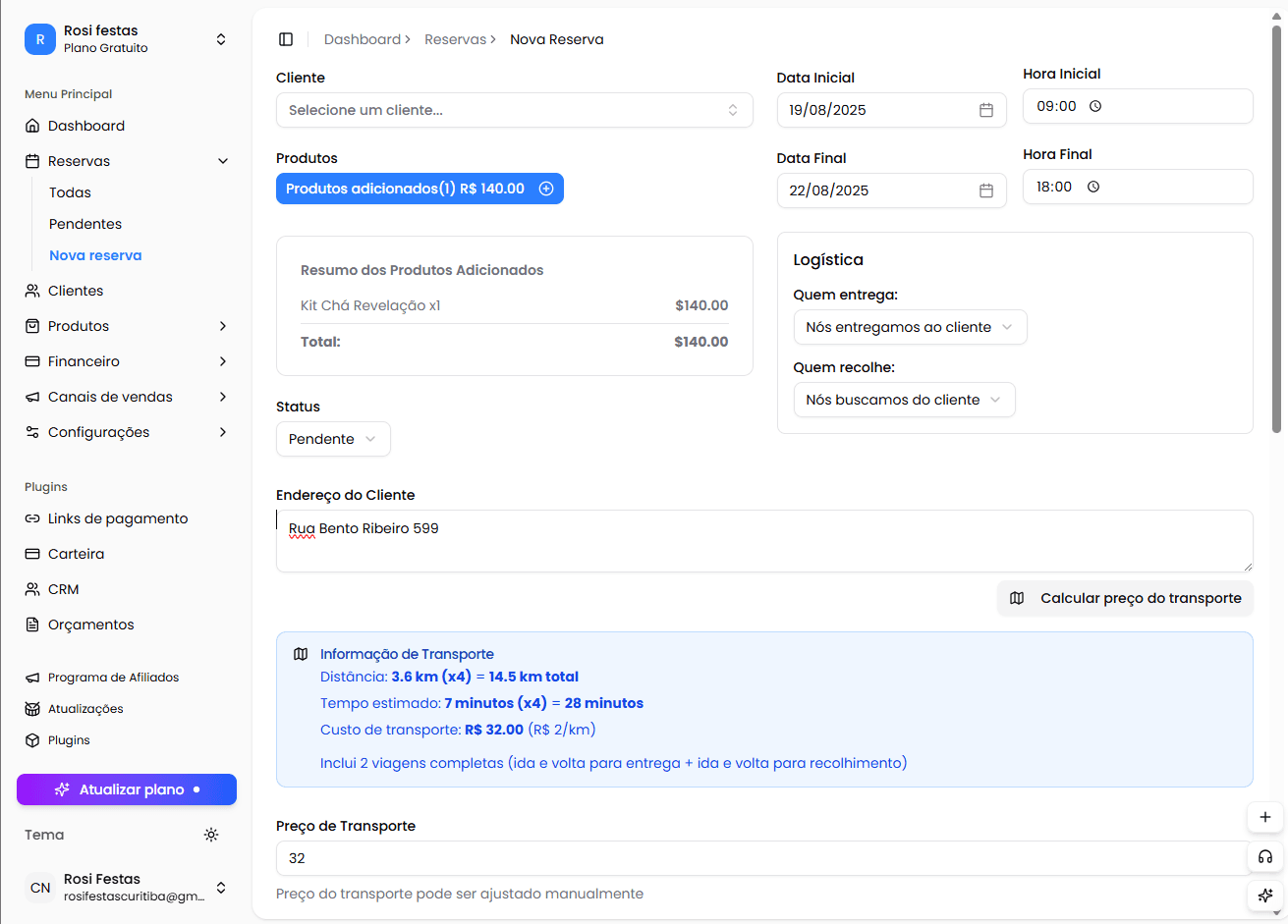 Tela para criar nova reserva de kit no PM Admin