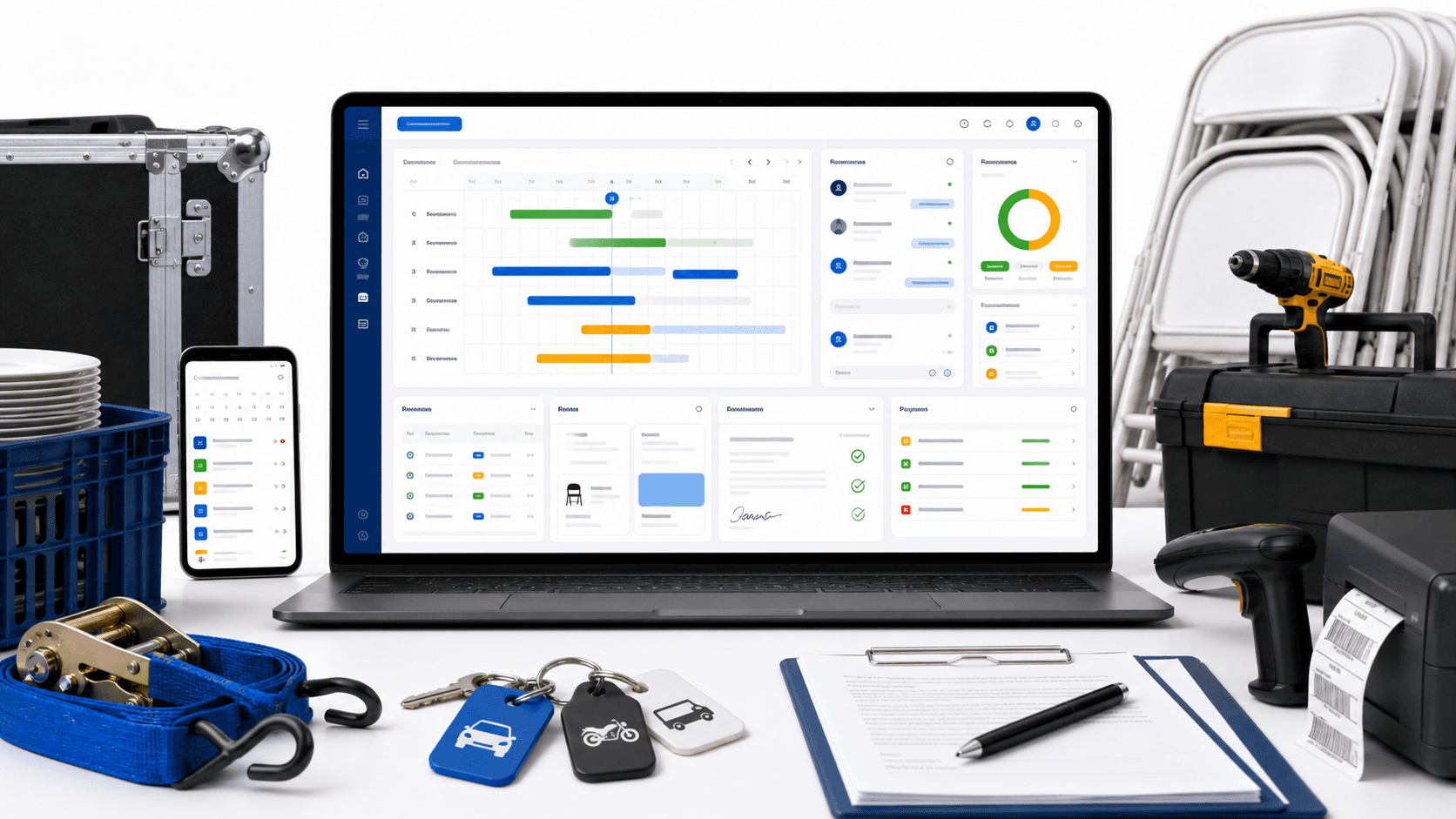 Dashboard Rentalfy de controle de reservas para locadora com calendario e estoque