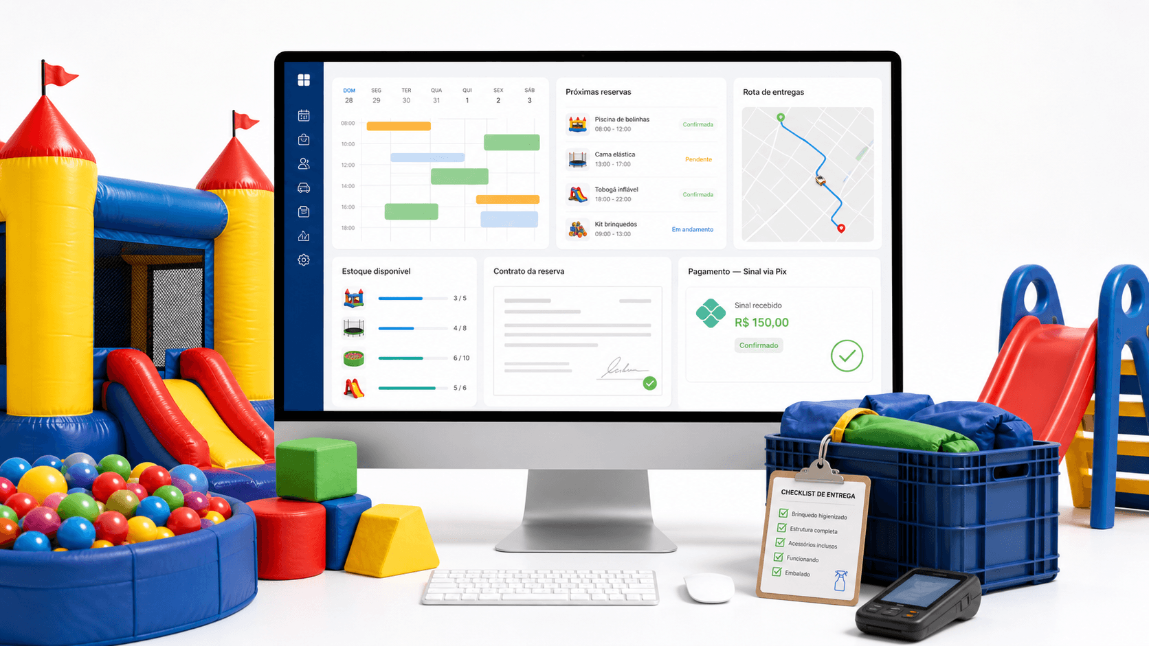 Dashboard Rentalfy para aluguel de brinquedos com agenda e Pix