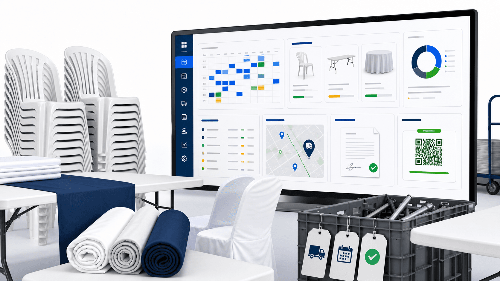 Dashboard Rentalfy para aluguel de mesas e cadeiras com reservas e entregas