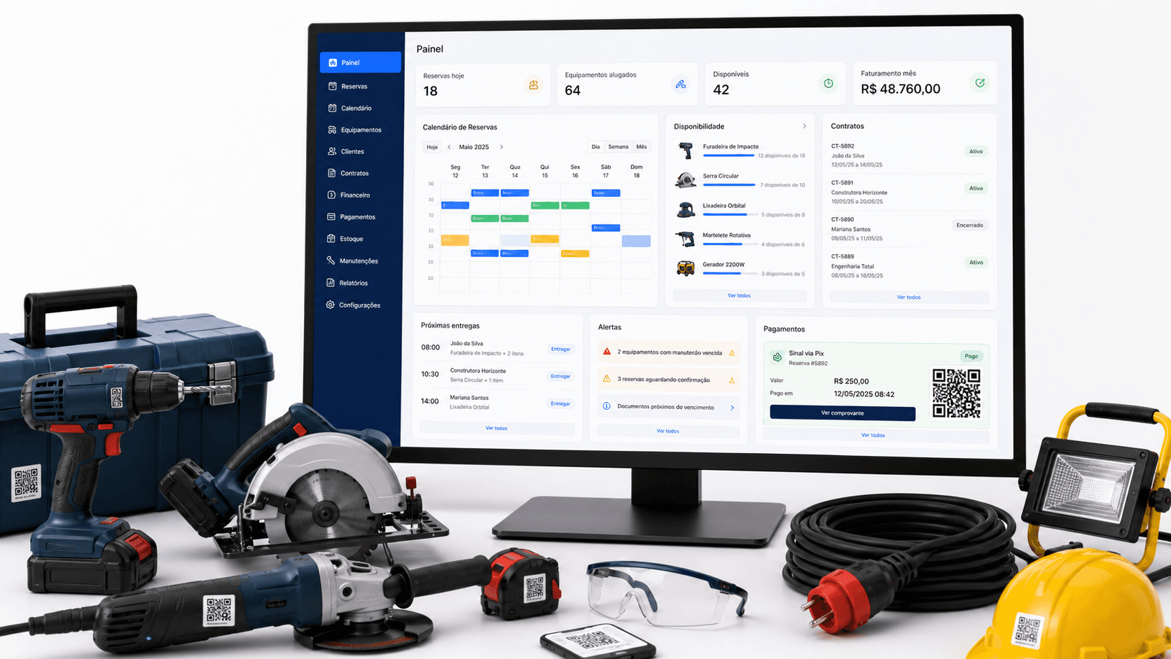 Dashboard Rentalfy para locadora de ferramentas com estoque e reservas