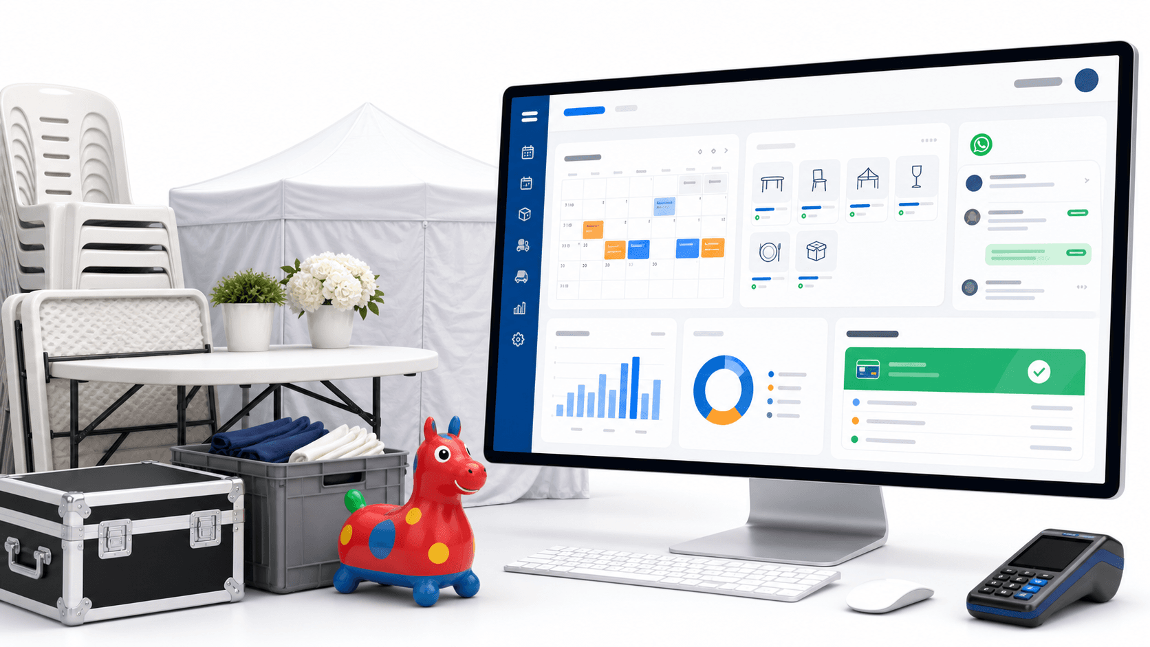 Dashboard Rentalfy para locadora de festas com calendario, estoque, Pix e mensagens