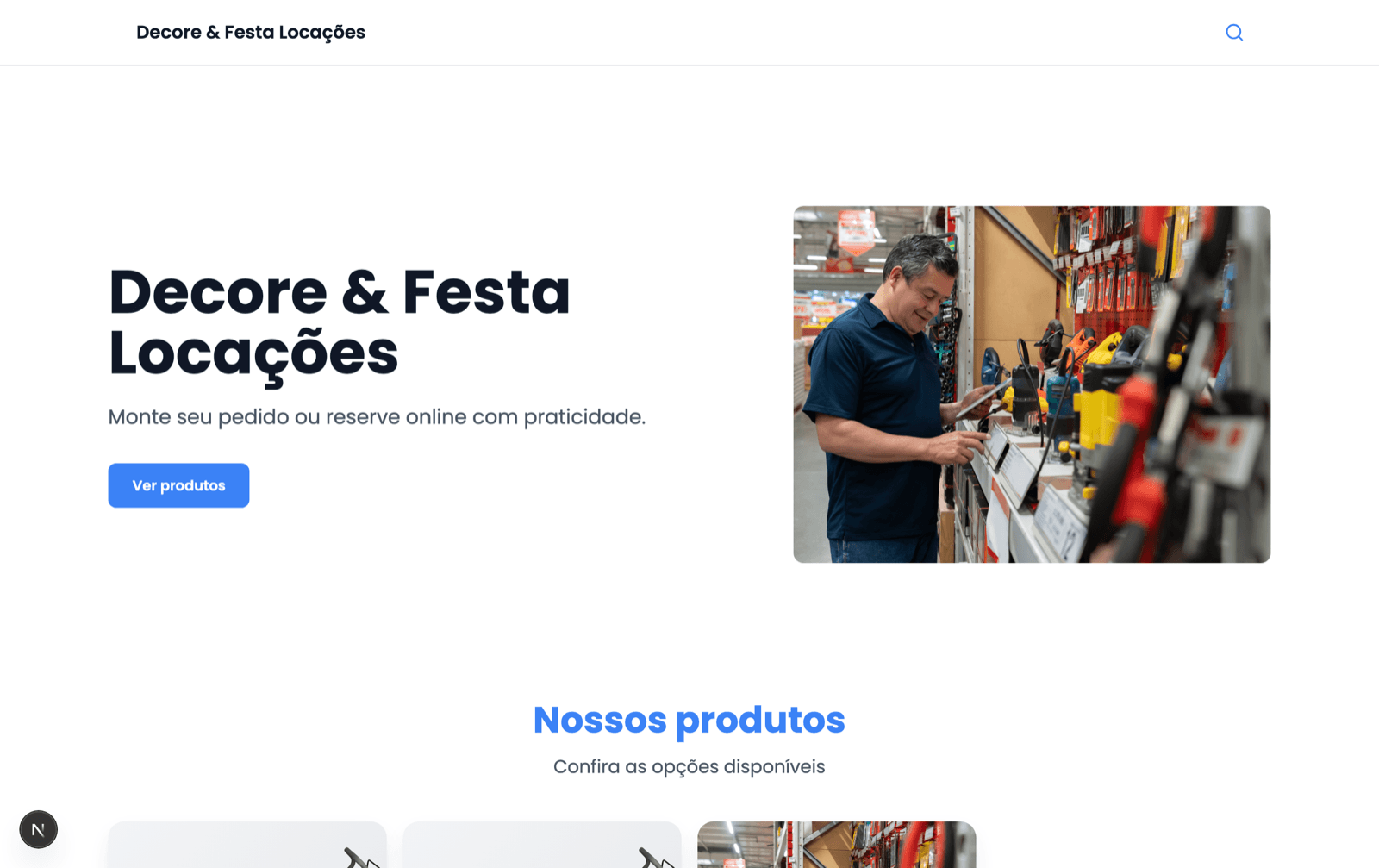 Site de locação publicado com catálogo de produtos e preços